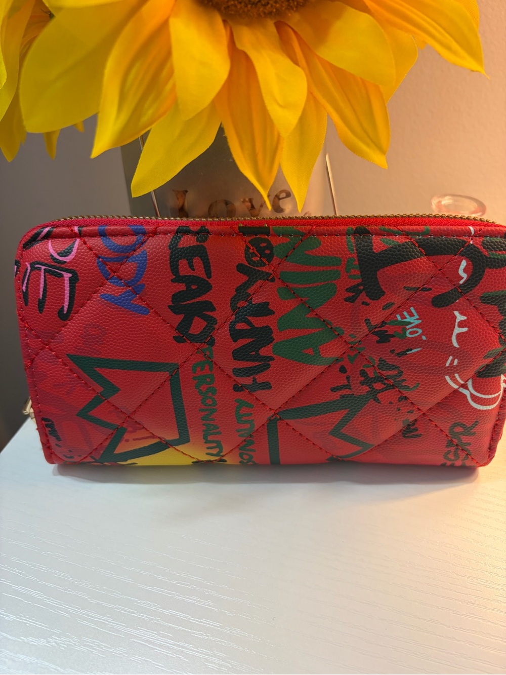 Red Graffiti Quilted Zip Wallet - Women Bags